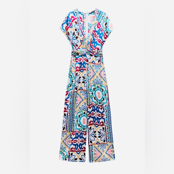 NEW Zara Satin Effect Abstract Print Wide Leg Jumpsuit Blue Yellow Red Small - Picture 2 of 10